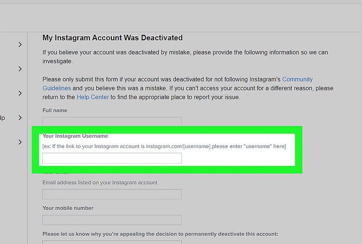 Instagram account recovery form